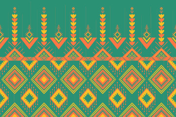 Yellow Orange on Green. Geometric ethnic oriental pattern traditional Design for background,carpet,wallpaper,clothing,wrapping,Batik,fabric, illustration embroidery style