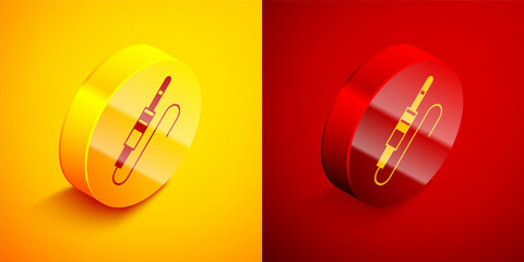 Isometric Audio jack icon isolated on orange and red background. Audio cable for connection sound equipment. Plug wire. Musical instrument. Circle button. Vector