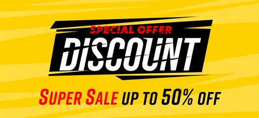 Discount special offer up to 50 off super sale banner. Half price clearance for shopping. Website header design template vector illustration. Promotion marketing campaign