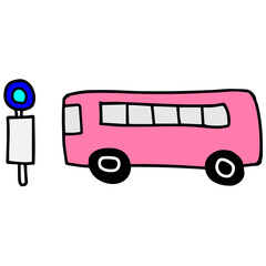 レトロカラーのバスとバス停の線画イラスト