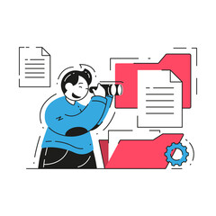 Male user searching information in cyberspace software folder file use binoculars vector flat illustration. Business man examining data archive storage cyberspace internet cloud management technology