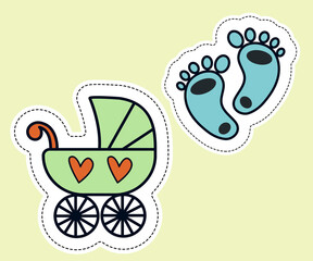 Two stickers with a baby stroller and footprints