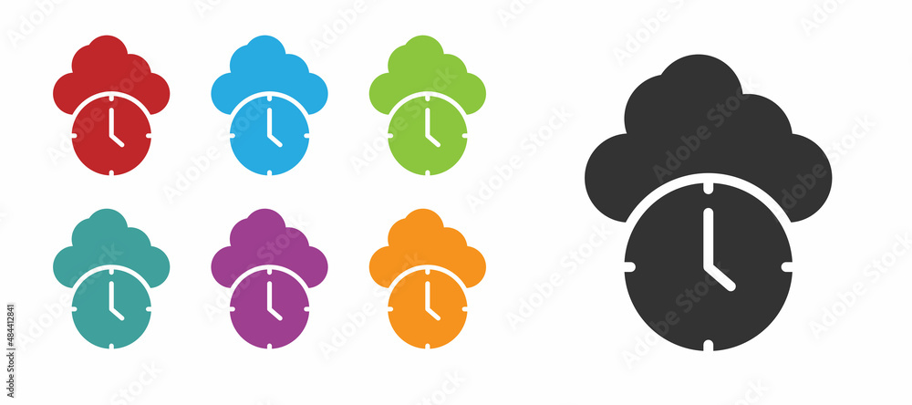 Sticker Black Clock icon isolated on white background. Time symbol. Set icons colorful. Vector