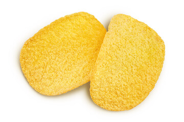 Potato chips isolated on white background with clipping path and full depth of field. Top view. Flat lay.