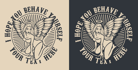 Monochrome vector illustration of an angel girl with wings for black and white background. Text is in a separate group.