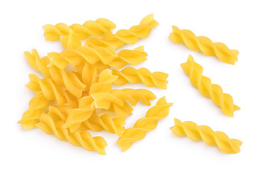 raw Fusilli pasta, isolated on white background with clipping path and full depth of field. Top...