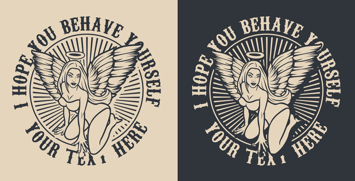 Monochrome vector illustration of an angel girl with wings for black and white background. Text is in a separate group.