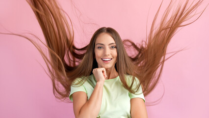 Photo of lovely funny funky lady haircut fly touch chin imagine interested new haircare product isolated on pastel color background