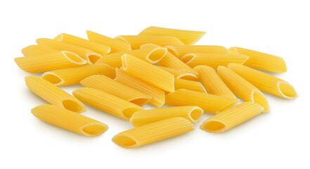 Raw italian penne rigate pasta isolated on white background with clipping path and full depth of field