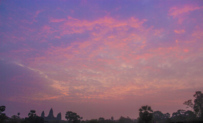 The temples of Angkor Wat in the vast morning sky