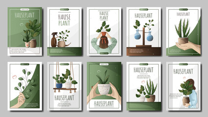 A set of flyers for the sale of houseplants, home garden, gardening, plant lovers, the concept of a houseplant store, greenhouse, flower shop, houseplant sales