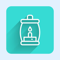 White line Camping lantern icon isolated with long shadow. Happy Halloween party. Green square button. Vector