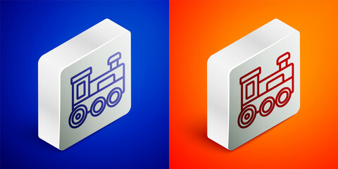 Isometric line Toy train icon isolated on blue and orange background. Silver square button. Vector
