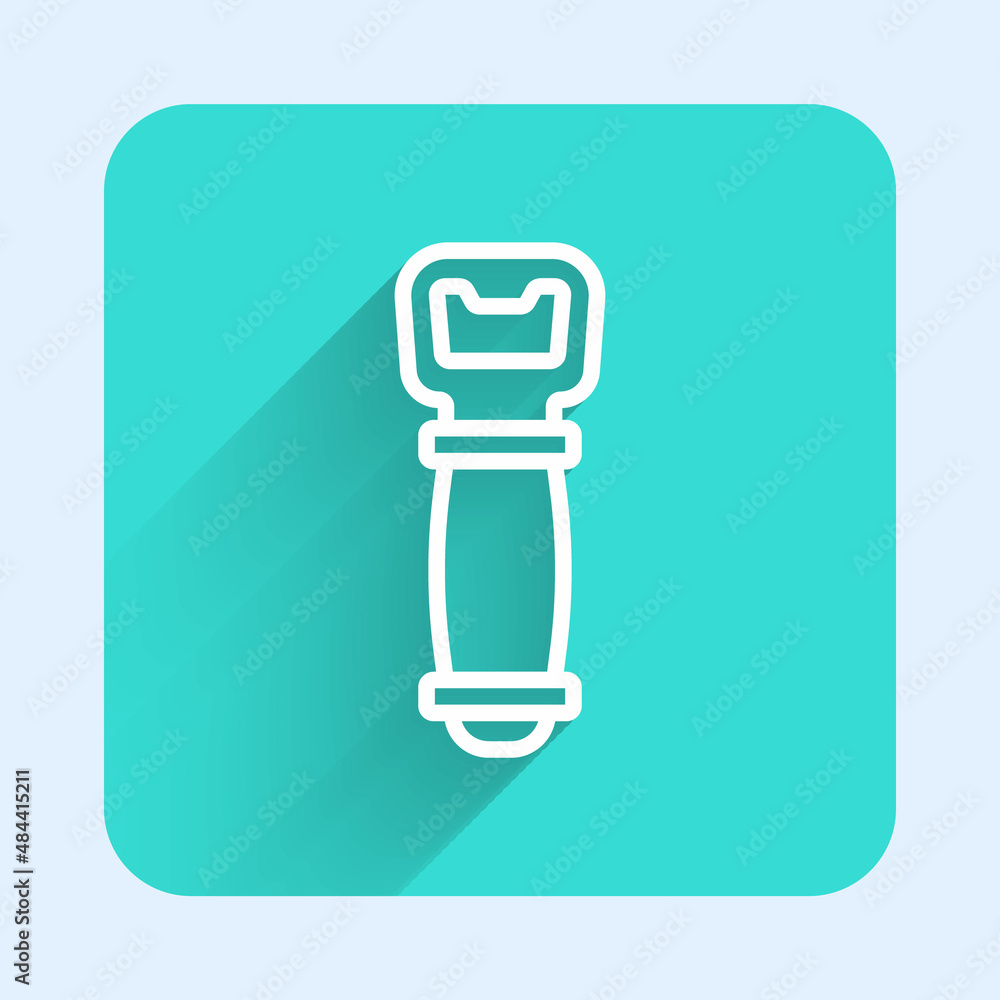 Poster white line bottle opener icon isolated with long shadow background. green square button. vector