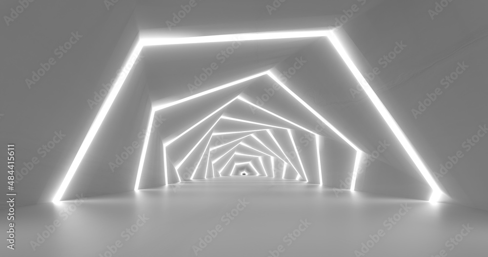 Fototapete 3d rendering. Marble corridor with columns stretching into the distance with neon lights on the sides. Background for your design.
