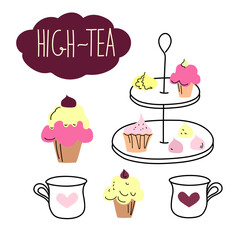Afternoon tea set with cakes, doodle sketch hand drawn vector design.