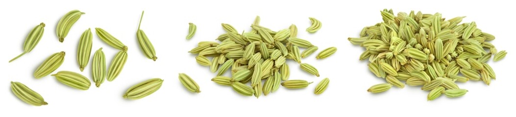 Dried fennel seeds isolated on white background with clipping path. Top view. Flat lay. Set or collection