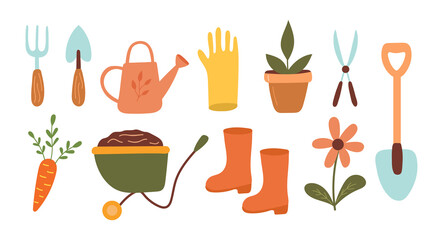 Hand-drawn gardening kit. Working tools for the garden. Vector illustration 