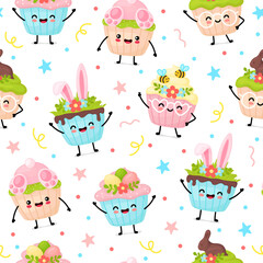 cute pattern with Easter kawaii cupcakes. cartoon-style vector