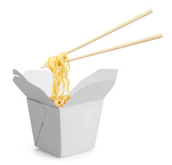 White carton box with wok and wooden chopsticks, isolated on white background