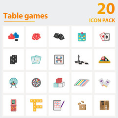 Table Games icon set. Collection of simple elements such as the air hockey, pocker chip, dice, tic tac toe, chess, lotto, pinball.