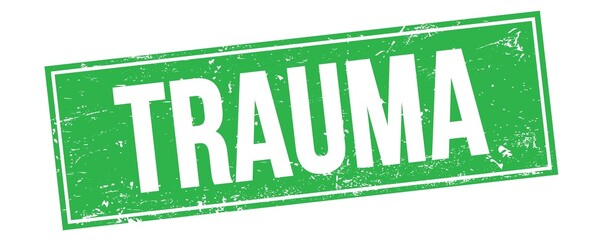 TRAUMA text on green grungy rectangle stamp.