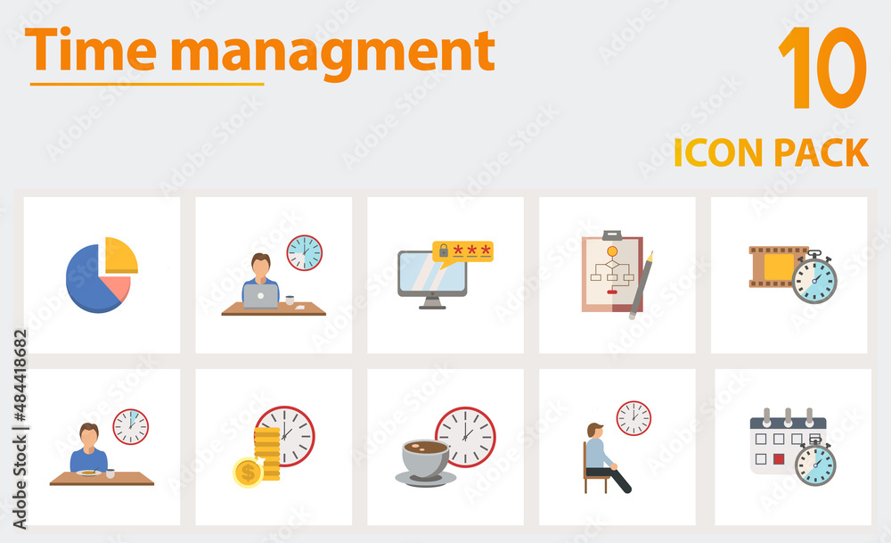 Poster time management icon set. collection of simple elements such as the pie chart, work time, one time p