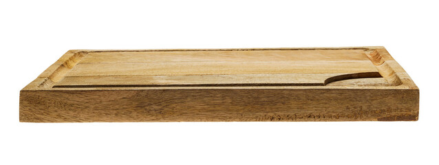 one wooden kitchen cutting board, real photo of isolated object on white background, side view