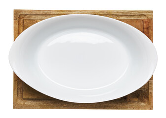 one white plate or dish on a wooden kitchen cutting board, detailed on a white background, a real...