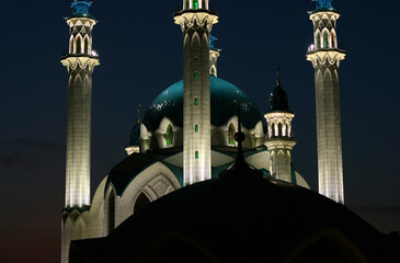 Tatarstan, Russia - 7 July 2021.Kul Sharif mosque in Kazan Kremlin at night. View of Islamic architecture, famous tourist attraction of Kazan. Beautiful landmark of Kazan city and Kremlin.