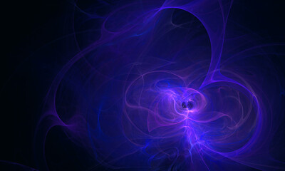 Fototapeta premium Purple violet blue 3d electricity charges in deep dark space. Chaotic blazing discharges and lightnings glowing in galactic dimension. Fictional scientific concept. Great as cover print, art. 