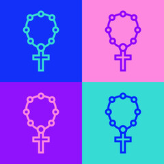 Pop art line Rosary beads religion icon isolated on color background. Vector