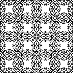 seamless floral pattern. decorative ornament. grid. tile. black and white contour drawing. doodle style. cover, coloring, print, template.