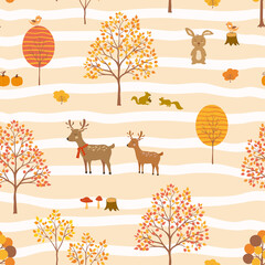 Cute animals happy on autumn forest,seamless pattern in cartoon style for decorative,kid product,fashion,fabric,textile,print or wallpaper