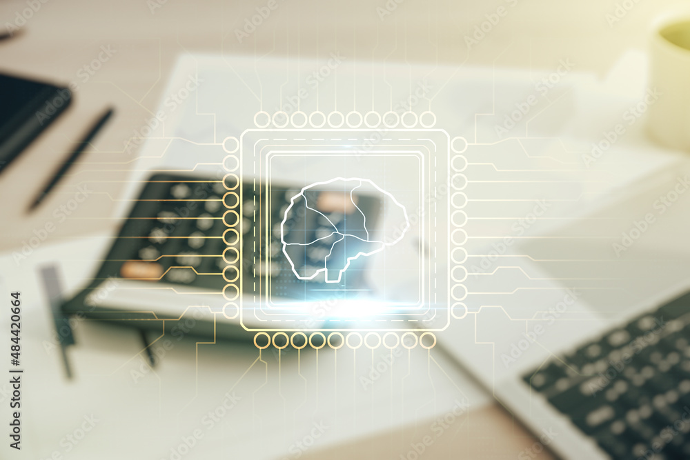 Aufkleber virtual creative artificial intelligence hologram with human brain sketch on calculator and laptop b