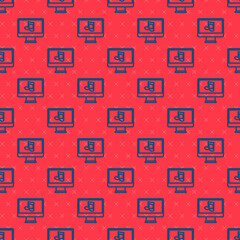 Blue line Computer with music note symbol on screen icon isolated seamless pattern on red background. Vector