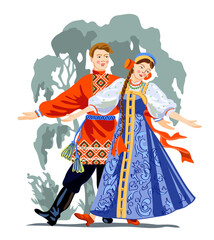Russian folk art vector. Image of a girl and a young man in traditional Russian clothes: a sundress, a Russian shirt.