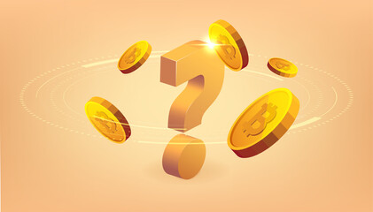 Gold coins with question mark sign. Bitcoin coin cryptocurrency concept banner background. - obrazy, fototapety, plakaty