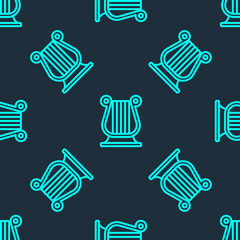 Green line Ancient Greek lyre icon isolated seamless pattern on blue background. Classical music instrument, orhestra string acoustic element. Vector
