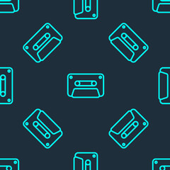 Obraz premium Green line Retro audio cassette tape icon isolated seamless pattern on blue background. Vector