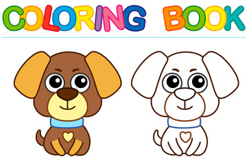 Coloring page funny puppy, Dog. Vector coloring book for childrens activity