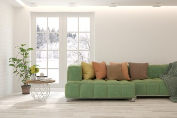 White living room with sofa and winter landscape in window. Scandinavian interior design. 3D illustration