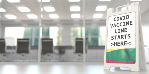 Covid vaccine hub signboard with flag of Lithuania. Coronavirus vaccination related 3D rendering