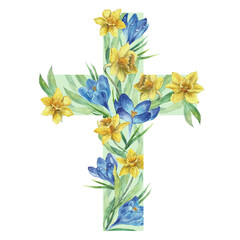 Vector watercolor flower cross perfect for Easter, First Communion, Baptism and Baptism Invitations. Abstract religion symbol.