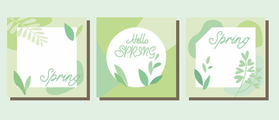 Set of spring frame illustration. Green leaves and botanical decoration vector template for spring sale, event, cover design. Vector illustration.