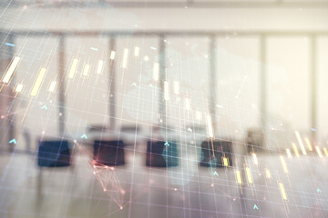 Double exposure of abstract creative financial diagram and world map on a modern boardroom background, banking and accounting concept