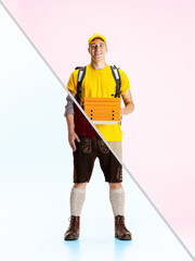 Composite image of two halves of body of delivery man and waiter isolated on white studio background. Concept of occupation, diversity, caree, labor and hobby