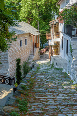 Fototapeta na wymiar The picturesque village of Makrinitsa with its architectural traditional old stone buildings located on Pelion mountain , above Volos town ,Magnisia,Greece.