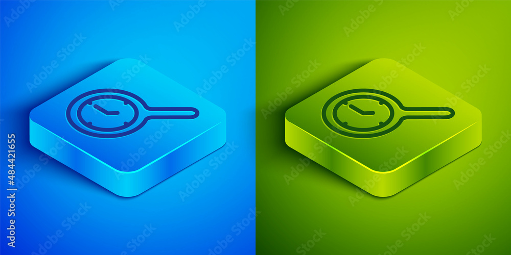 Aufkleber isometric line magnifying glass with clock icon isolated on blue and green background. clock search.