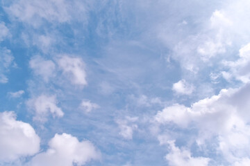 Blue sky with white clouds in a sunny day. Pastel colour of sky in the morning. Concept of new life beginning, freedom of life and peaceful.